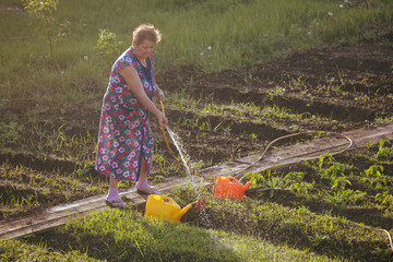 Woman watering the garden with a hose