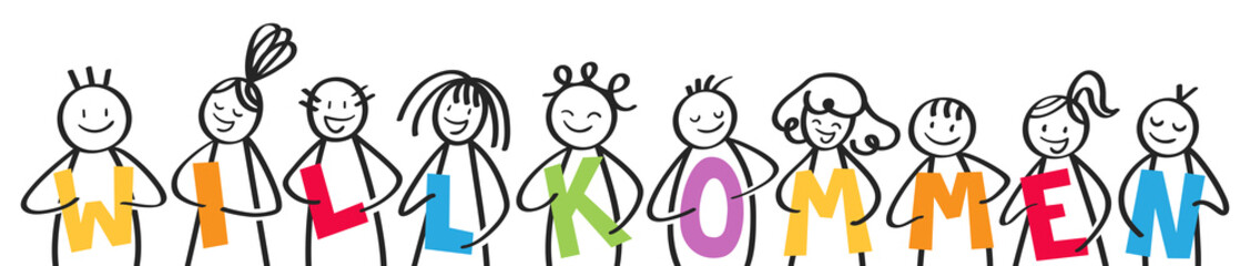 Gruppe freundlicher Strichfiguren, die Buchstaben halten, WILLKOMMEN, Willkommensgruß, Begrüßung