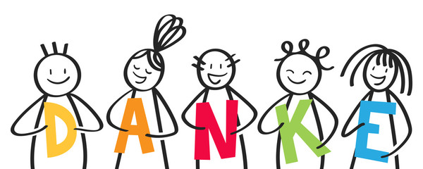 Gruppe freundlicher Strichfiguren, die Buchstaben halten, DANKE, Danksagung