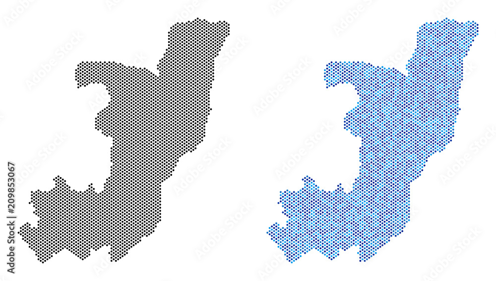 Poster pixelated republic of the congo map variants. vector territory schemes in black color and cold blue 