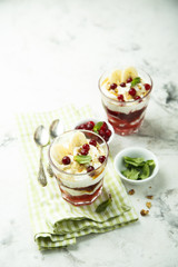 Homemade berry and banana trifle dessert