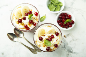 Homemade berry and banana trifle dessert