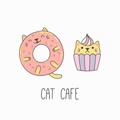 Illustration vectorielle dessinée à la main d& 39 un cupcake drôle kawaii et d& 39 un beignet avec des oreilles de chat. Objets isolés sur fond blanc. Dessin au trait. Concept de design pour le menu du café chat, imprimé pour enfants.