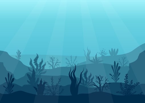 Underwater ocean scene. Deep blue water, coral reef and underwater plants.  Marine sea bottom silhouette with seaweed, algae and coral. Vector  illustration background. Stock Vector | Adobe Stock