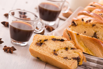 Brioche with chocolate chips.