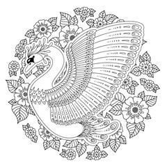 Hand drawn decorated swan.  Image for adult coloring books, pages