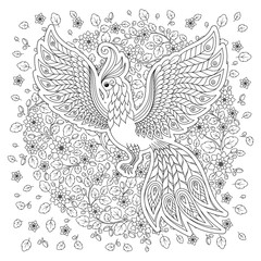 Fototapeta na wymiar Firebird for anti stress Coloring Page with high details.