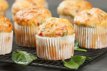Home Baked Cheese And Vegetables Muffins With Pepper, Spinach, Sweetcorn, Mature Gouda.