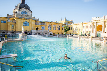 Woman relaxing at the famous Szechenyi thermal bathes in Budapest, Hungary