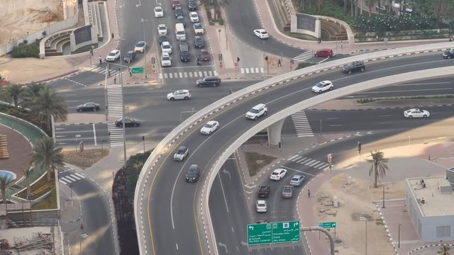 Aerial view of highway interchange of modern urban city. Dubai.