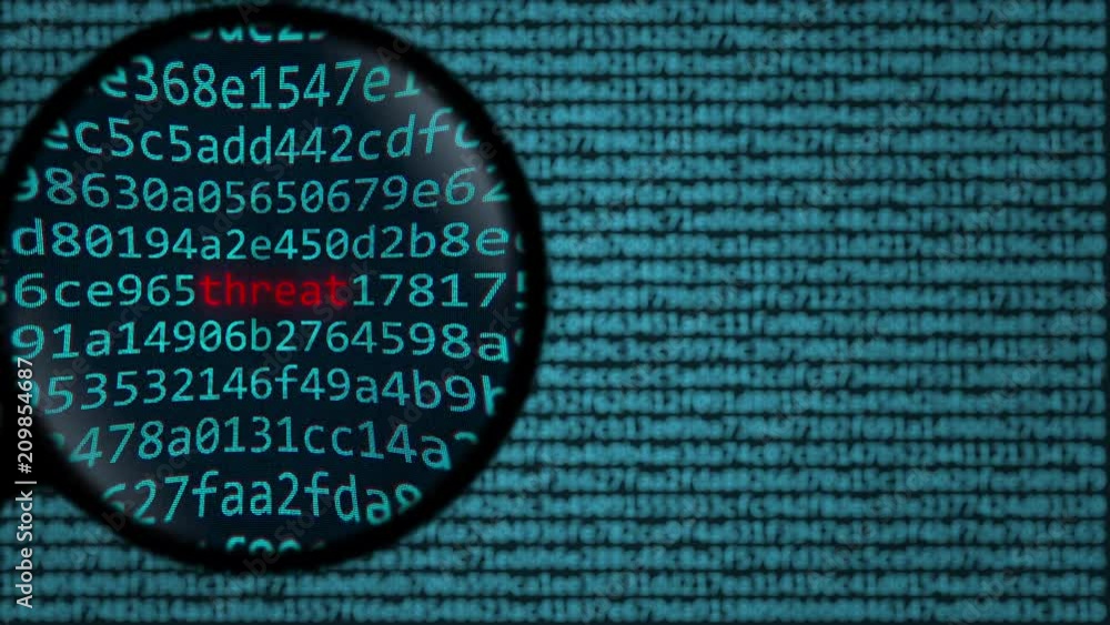 Aufkleber magnifying glass discovers word threat on computer screen. internet security related search conceptu