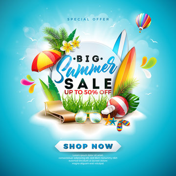 Summer Sale Design with Flower, Beach Holiday Elements and Exotic Leaves on Blue Background. Tropical Floral Vector Illustration with Special Offer Typography for Coupon, Voucher, Banner, Flyer