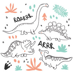 Cute dinosaurs and tropic plants