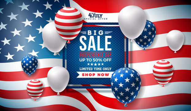 Fourth of July. Independence Day Sale Banner Design with Balloon on Flag Background. USA National Holiday Vector Illustration with Special Offer Typography Elements for Coupon, Voucher, Banner, Flyer