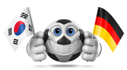 3d rendering. A cheerful soccer ball character holds two flags of Korea and Germany on a white background.