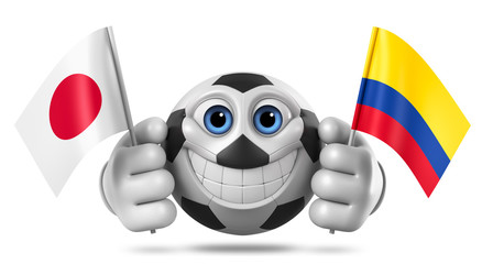 3d rendering. A cheerful soccer ball character holds two flags of Japan and Colombia on a white background.