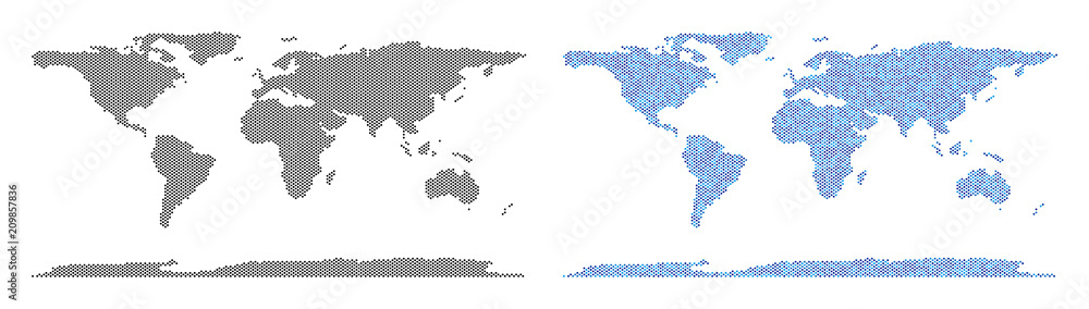 Poster circle dot world continent map variants. vector geographic plans in black color and cold blue color 