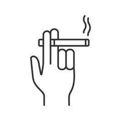 Hand holding burning cigarette linear icon