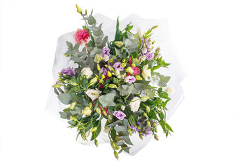 Bouquet of eustomess and eucalyptus