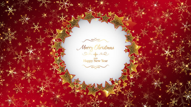 red christmas background frame rounding by star glitters,inside circle has die cut and some example luxury theme text,all of background full of snowflake and glitter are sparkling