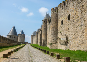 Fototapeta na wymiar Fortress wall of the medieval city Carcassonne in France