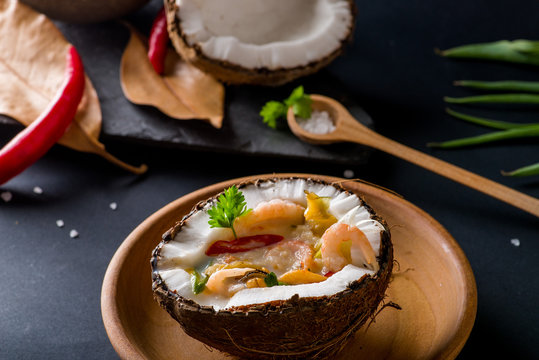 coconut soup in a half of coconut. Thai cuisine