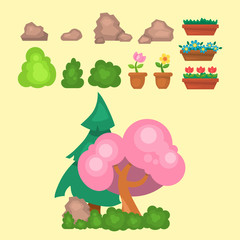 Garden trees vector flowers grass game park elements illustration nature forest green plant bush landscape natural foliage.