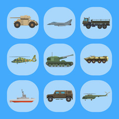 Military transport vector vehicle technic army war tanks and industry armor defense transportation weapon illustration.