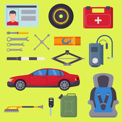 Auto transport vector motorist equipment transportation service car driver tools high detailed repair service illustration.