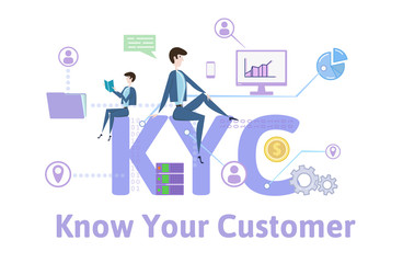 KYC, Know Your Customer. Concept with keywords, letters and icons. Colored flat vector illustration on white background.