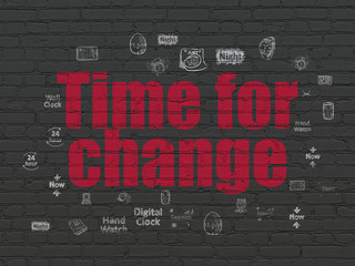 Timeline concept: Painted red text Time for Change on Black Brick wall background with  Hand Drawing Time Icons
