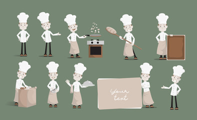 Cartoon Chef various actions Flat Vector Illustration Design