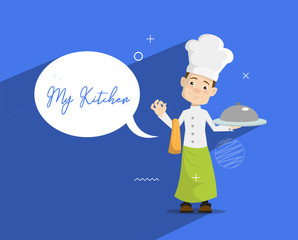 Cartoon Chef  with speech bubble Flat Vector Illustration Design