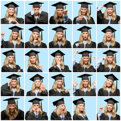 Fototapeta premium Young beautiful woman wearing graduation cap very happy doing gesture with face and hands. Composition.