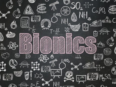 Science concept: Chalk Pink text Bionics on School board background with  Hand Drawn Science Icons, School Board