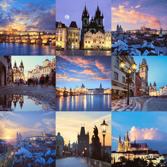 Set of nine pictures with cityscapes of Prague at twilight