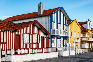 Colorful striped house facades in Portugal