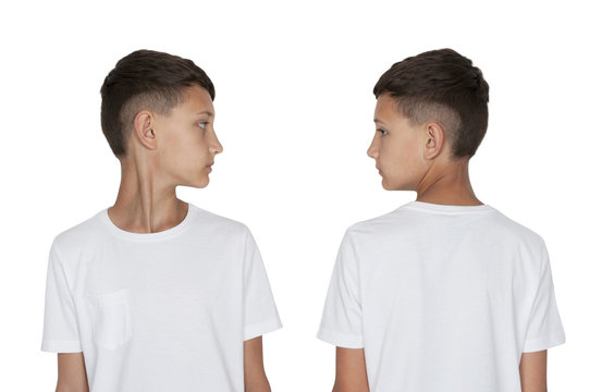 Boy Teenager Turned His Head To The Side View Front And Back On White