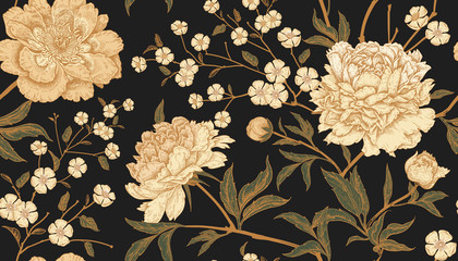 Seamless pattern with exotic bird pheasants and peony flowers. - obrazy, fototapety, plakaty