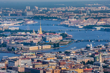 Saint Petersburg. Russia. View of the Peter and Paul Fortress from the side of Vasilievsky Island. City Center Petersburg. Bridges in St. Petersburg. Embankment of the Neva River.