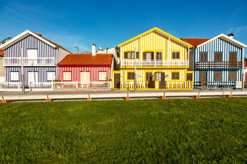 Colorful striped house facades in Portugal