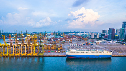 Aerial view Singapore cargo terminal, Import Export business logistics ports in the world,...