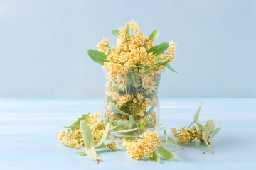 Vase with linden flowers on a wooden table