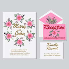 Wedding floral watercolor style invite, rsvp save date thanks card design with delicate colors in pastel colors, green tropical palm leaves greenery decor. Vector elegant set of templates