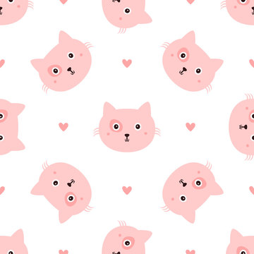 Repeated head cats and hearts drawn by hand. Seamless pattern with cute animal. Endless girlish print.