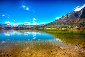 crystal clear mountain Hallstatten lake in Alps Around the Hallstatt Village