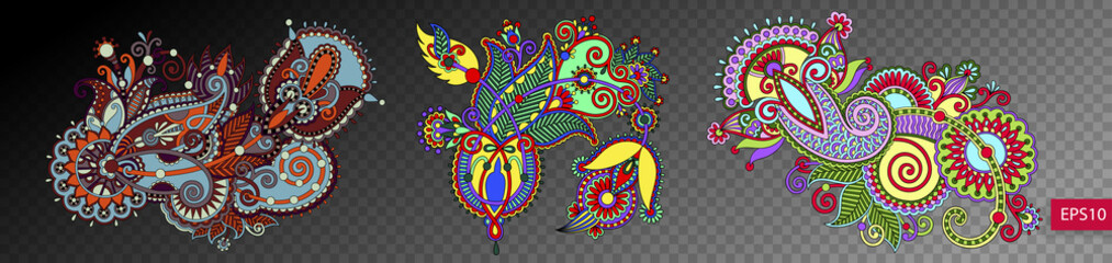 set of three paisley flower design isolated on a transparent bac