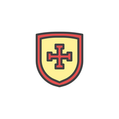 Shield with cross filled outline icon, line vector sign, linear colorful pictogram isolated on white. Protection symbol, logo illustration. Pixel perfect vector graphics