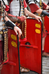 Reenactment detail with roman soldiers uniforms