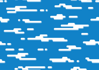 Flat style white clouds on bright blue sky background vector illustration. Bright blue color, clouds and shadows seamless pattern.